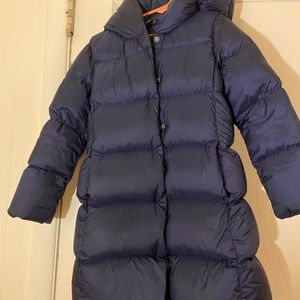 Girls Ralph Lauren Long puffer jacket in navy blue